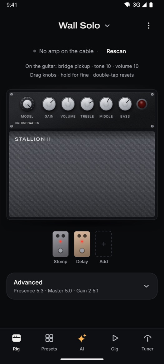 reFUSED on a phone: the amp panel with Model, Gain, Volume, Treble, Middle and Bass knobs, two pedals, and the preset name at the top
